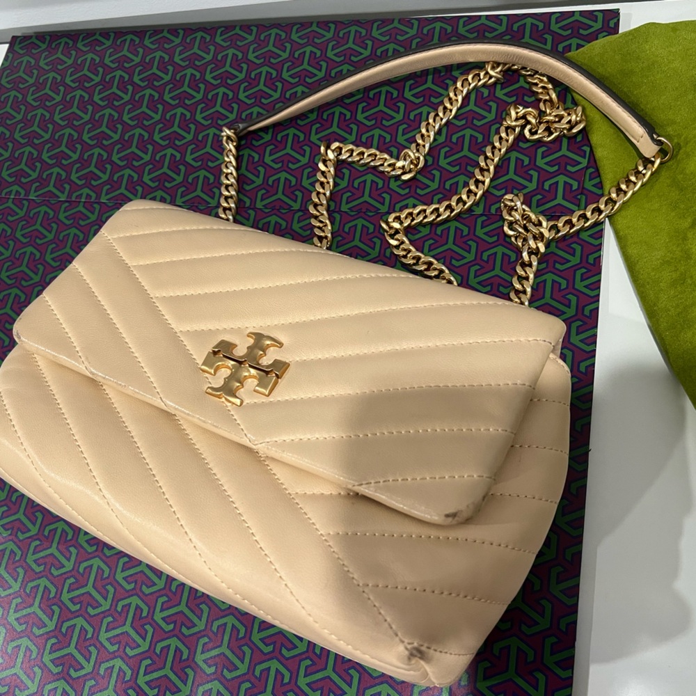 Tory Burch Baby Pink Quilted Shoulder Bag with Gold Chain